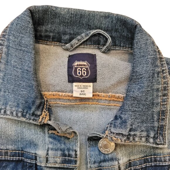 Kids Route 66 Denim Jacket Size Small Medium Wash Cotton Blend Jj3525 - Picture 4 of 6